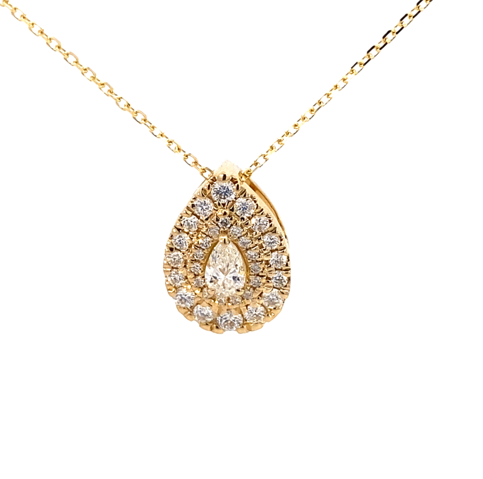 14K Yellow Gold Pear Diamond & Double Halo Pendant Necklace