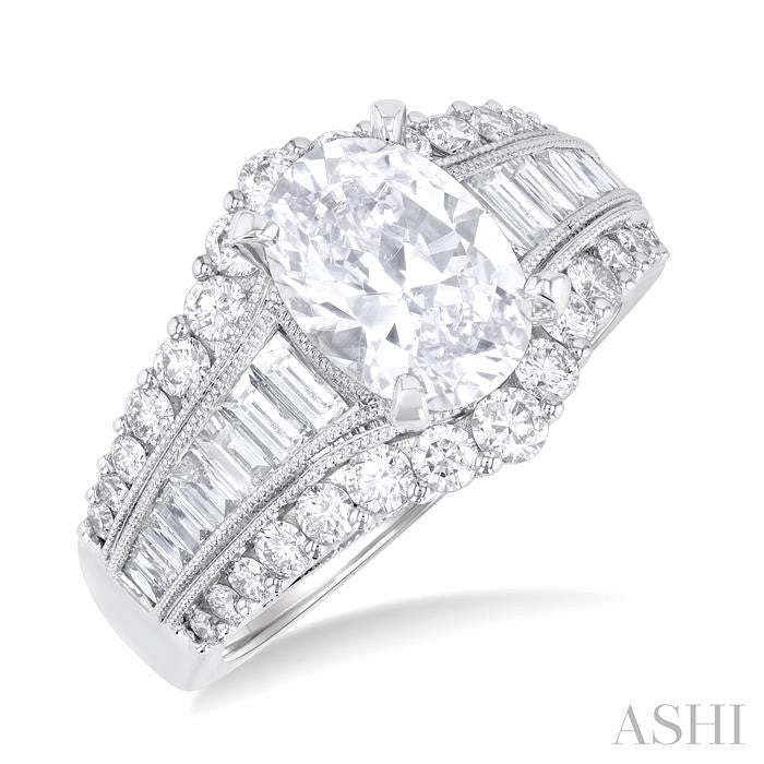 14K WG 1 1/2cttw Baguette Round Diamond Wide Semi-Mount for Oval