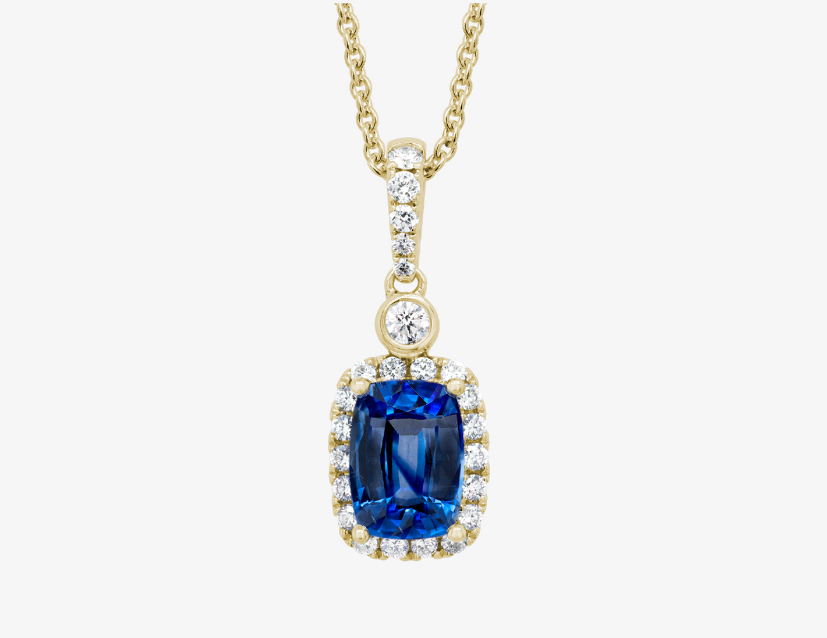 14K Yellow Gold Sapphire & Diamond Halo Pendant Necklace Main image