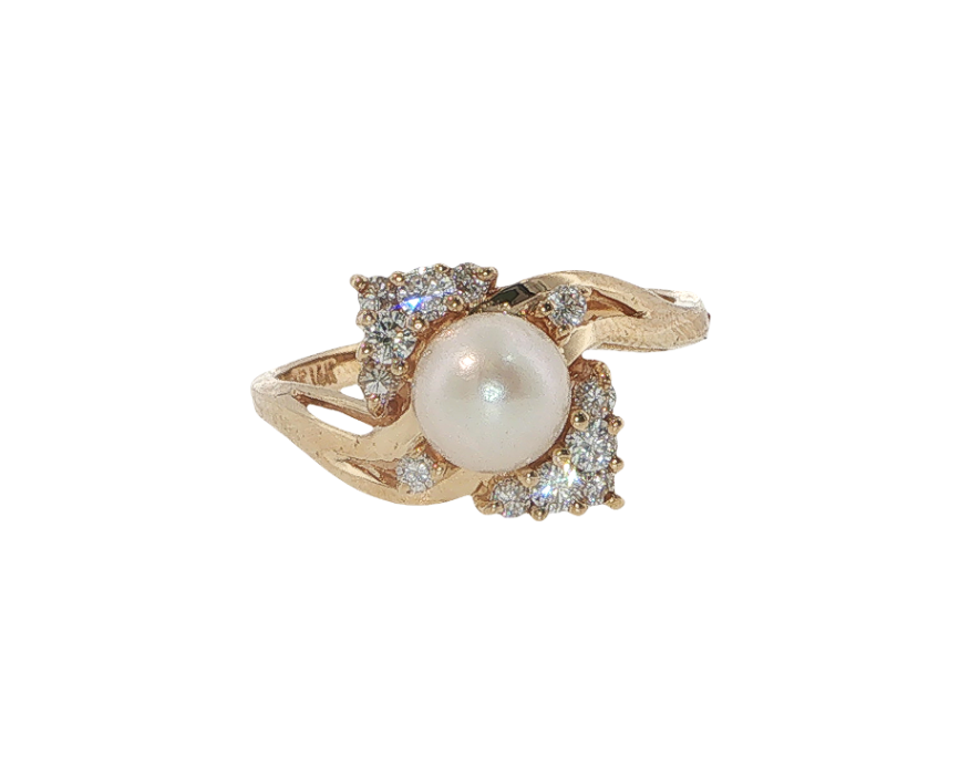 14K Yellow Gold Akoya Pearl & Diamond Halo Bypass Ring *Estate Item Sold as is, Final Sale* Main image