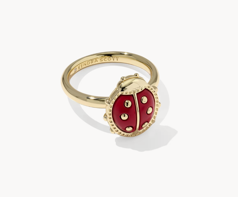 Gold Plated Ladybug Ring in Red Vermillion Magnesite