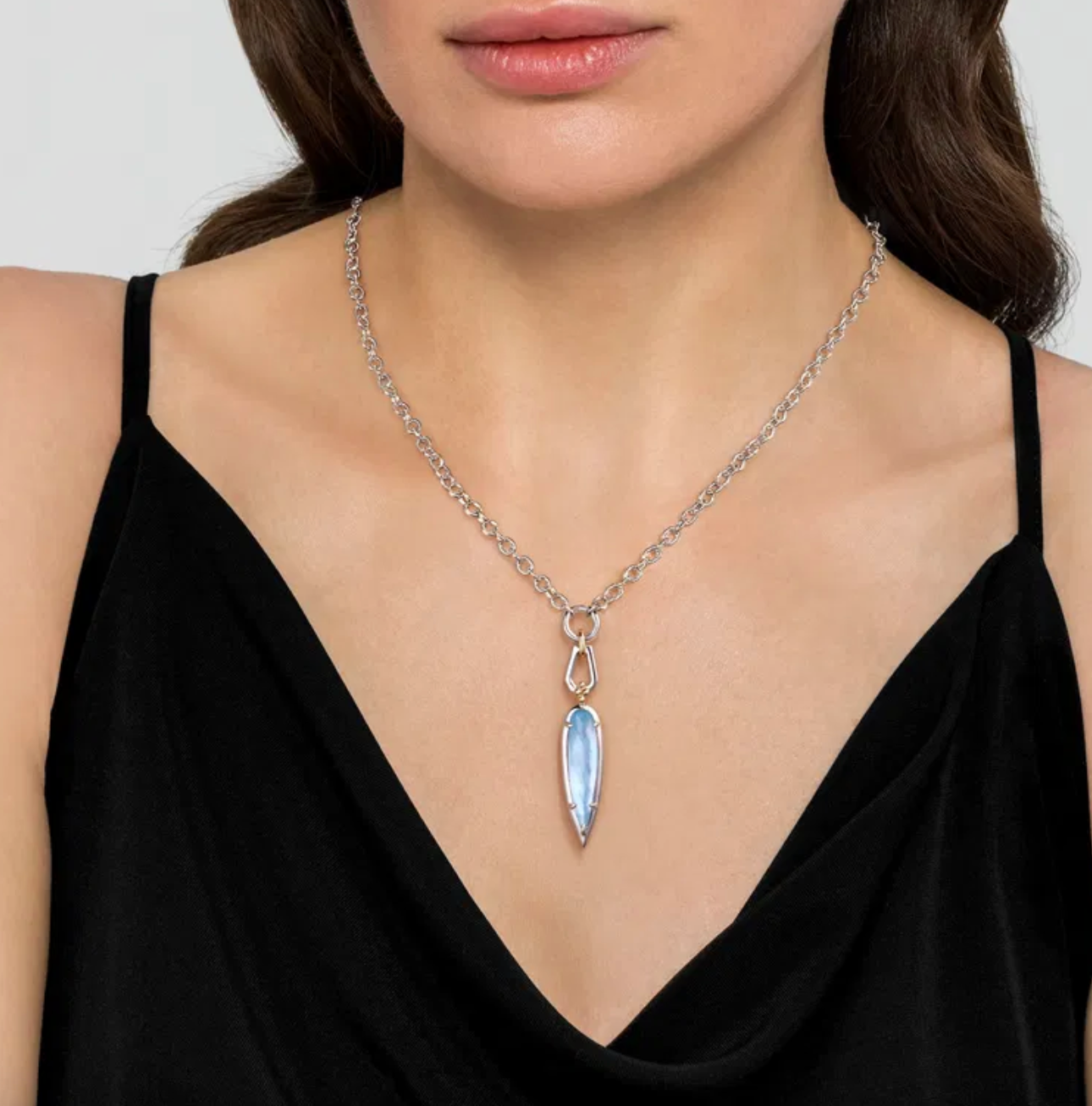 Sterling Silver/14K YG Bujukan Rock Crystal, White MOP, & Turquoise Pendant by Gabriel NY