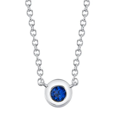 14K WG 1/20cttw Blue Sapphire Bezel Pendant Necklace