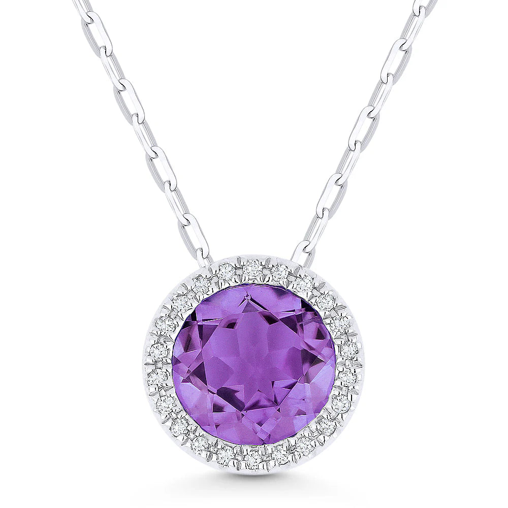 14K WG Round Amethyst & 1/20cttw Diamond Halo Pendant Necklace Main image