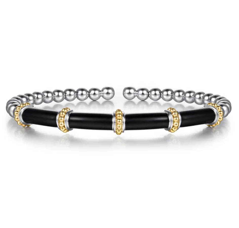 Sterling Silver/14K Bujukan Black Enamel Bar Bangle by Gabriel NY
