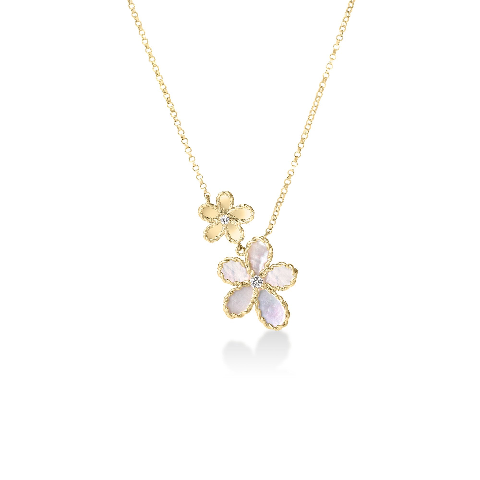18K YG JASMINE DIAMOND & MOTHER OF PEARL DOUBLE FLOWER NECKLACE BY ROBERTO COIN