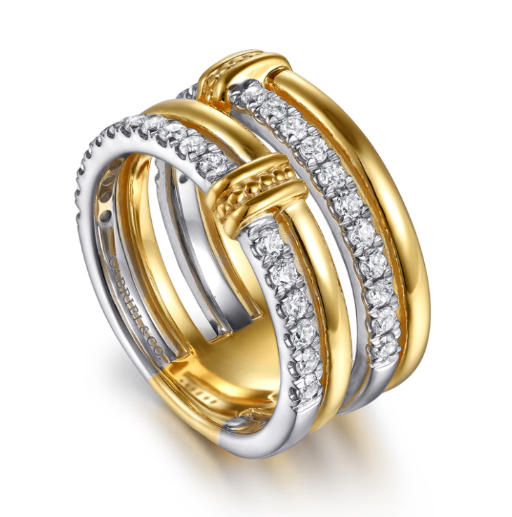 14K Two-Tone Diamond Bar Easy Stackable Wide Band by Gabriel NY