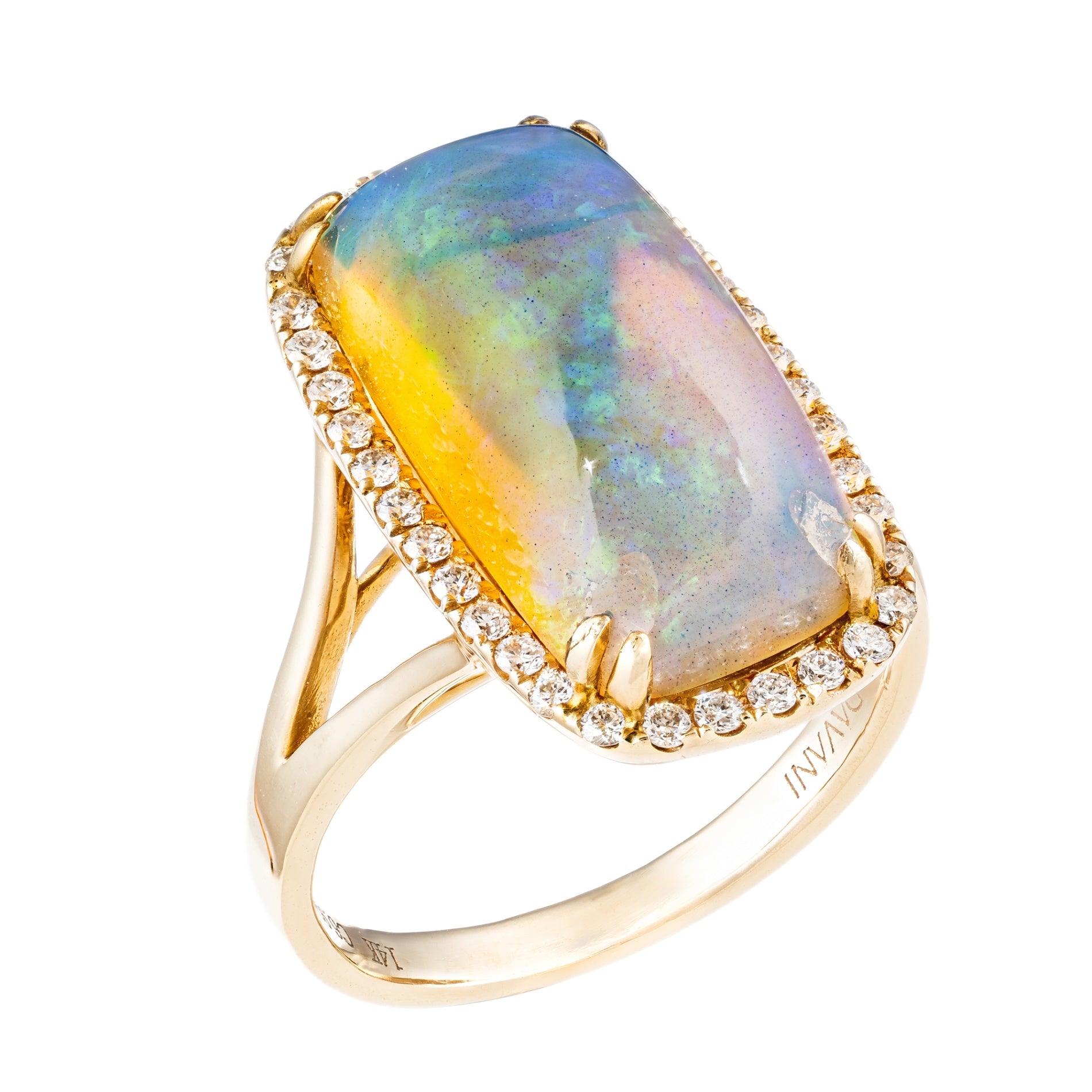 14K YG Cushion Opal & Diamond Halo Split Shank Ring by David Kord