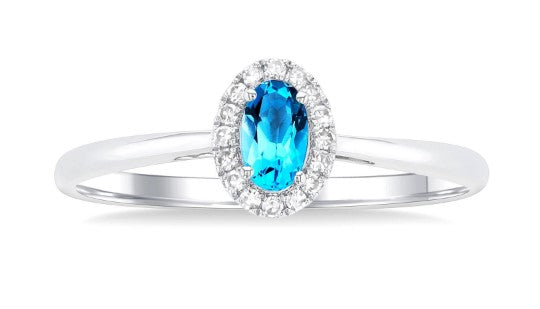 10K WG 5x3 Oval Blue Topaz & .07cttw Dia Halo Ring