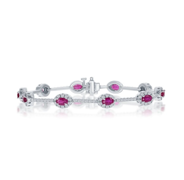 14K White Gold Oval Ruby & Diamond Halo Tennis Bracelet Main image