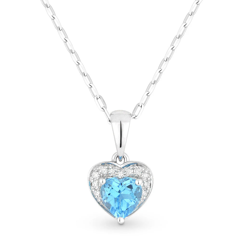 14K WG Blue Topaz Heart & 1/20cttw Dia Accent Pendant Necklace