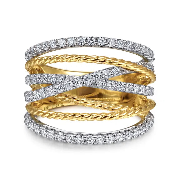 14K W/YG Twisted Rope & Diamond Multi Row Ring By Gabriel NY Main image