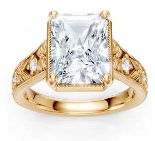 14K YG Emerald Engraved Prong Bezel Diamond Semi-Mount