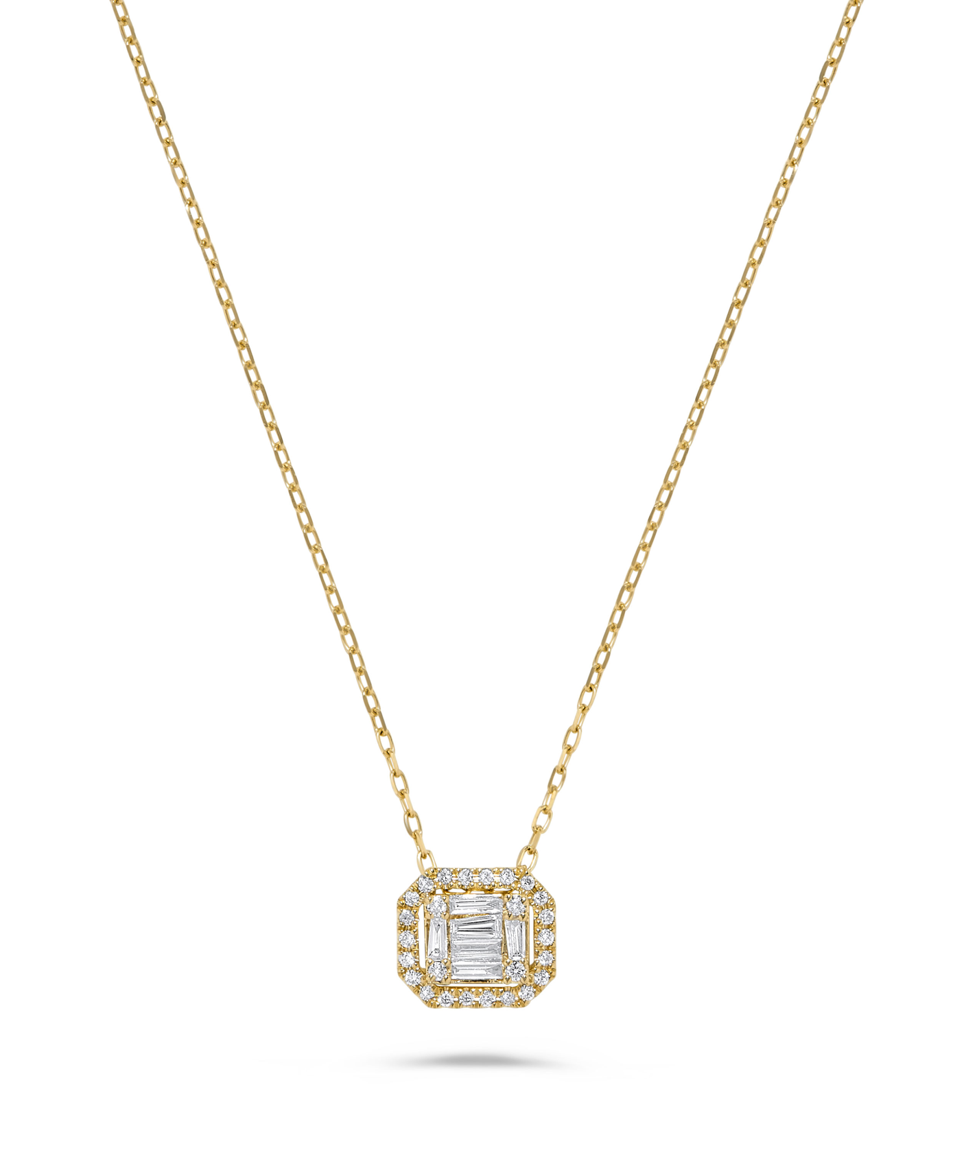14K Yellow Gold Diamond Baguette Halo Pendant Necklace