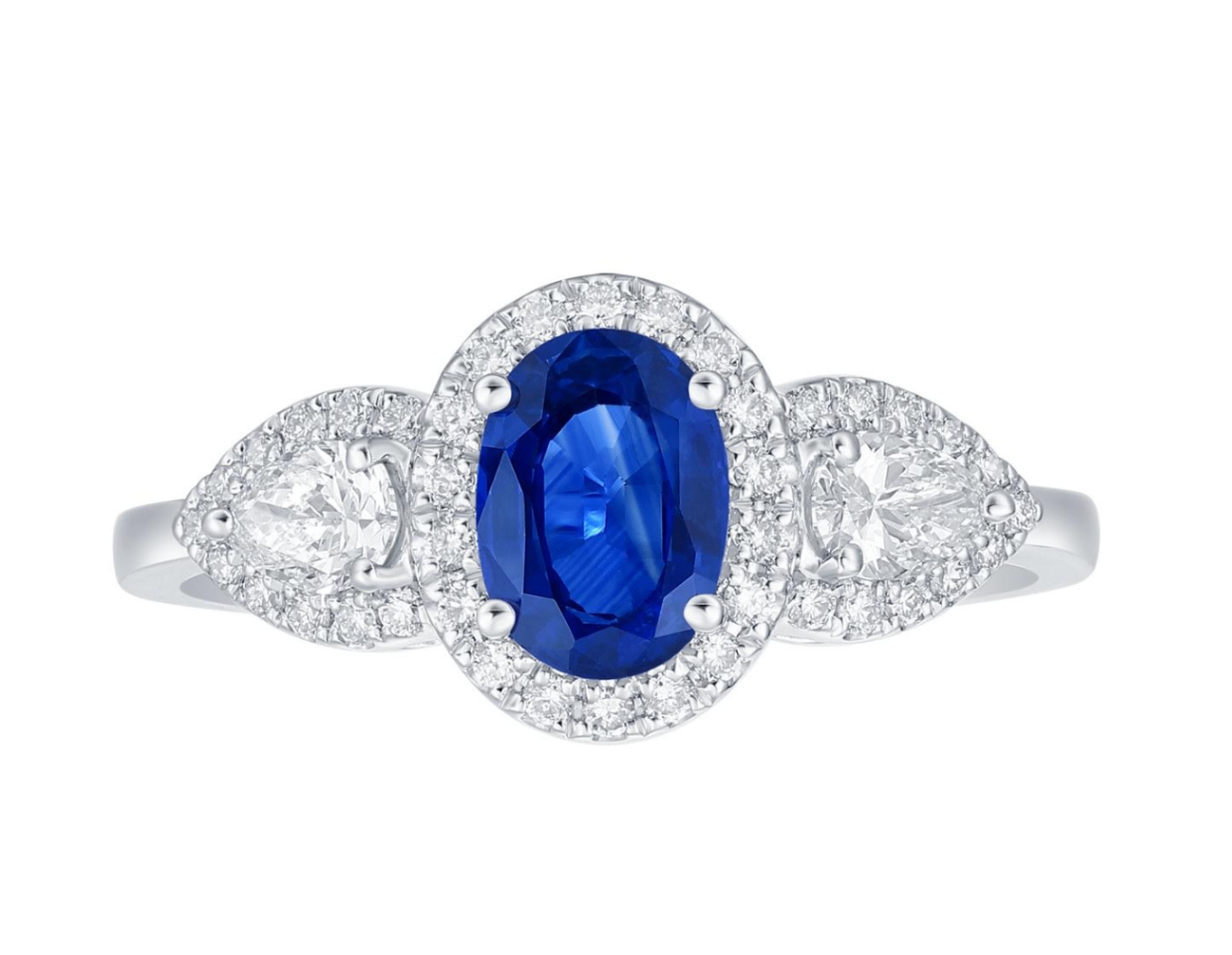 14K White Gold Sapphire & Pear Diamond Halo Three-Stone Ring by David Kord Main image