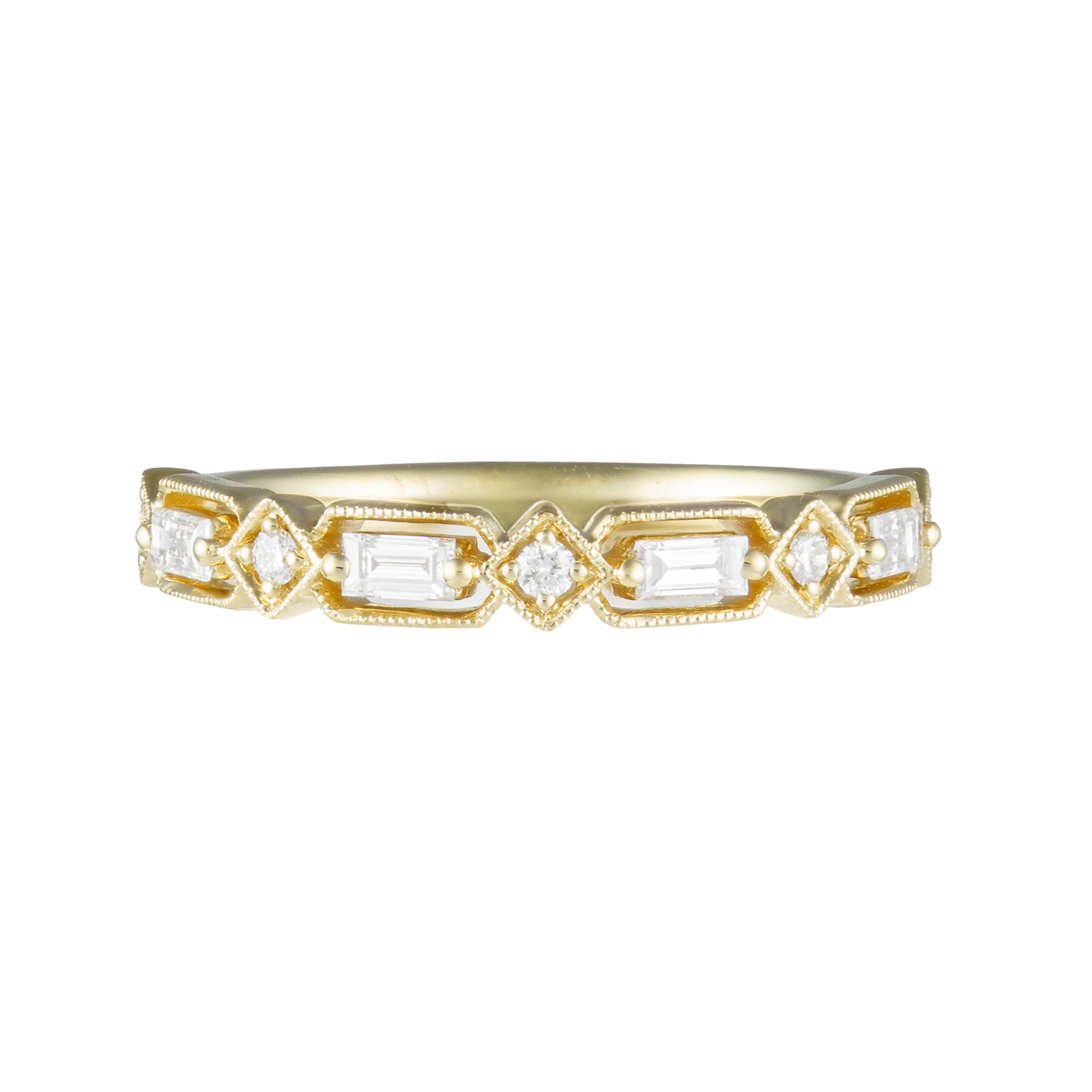14K Yellow Gold Diamond Alternating Baguette & Round Vintage Style Wedding Band
