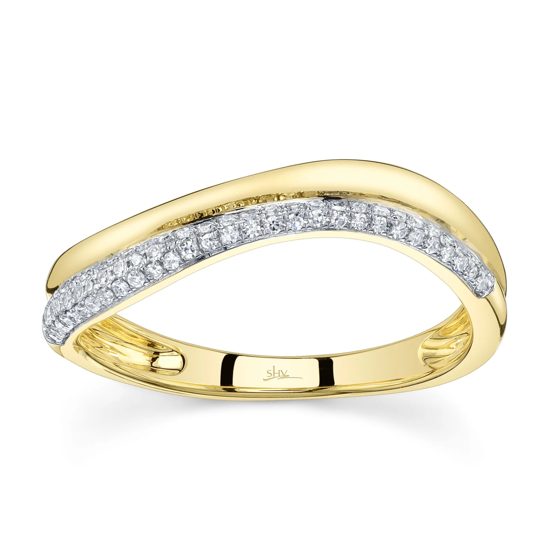 14K YG Diamond & Polished Gold Wave Band