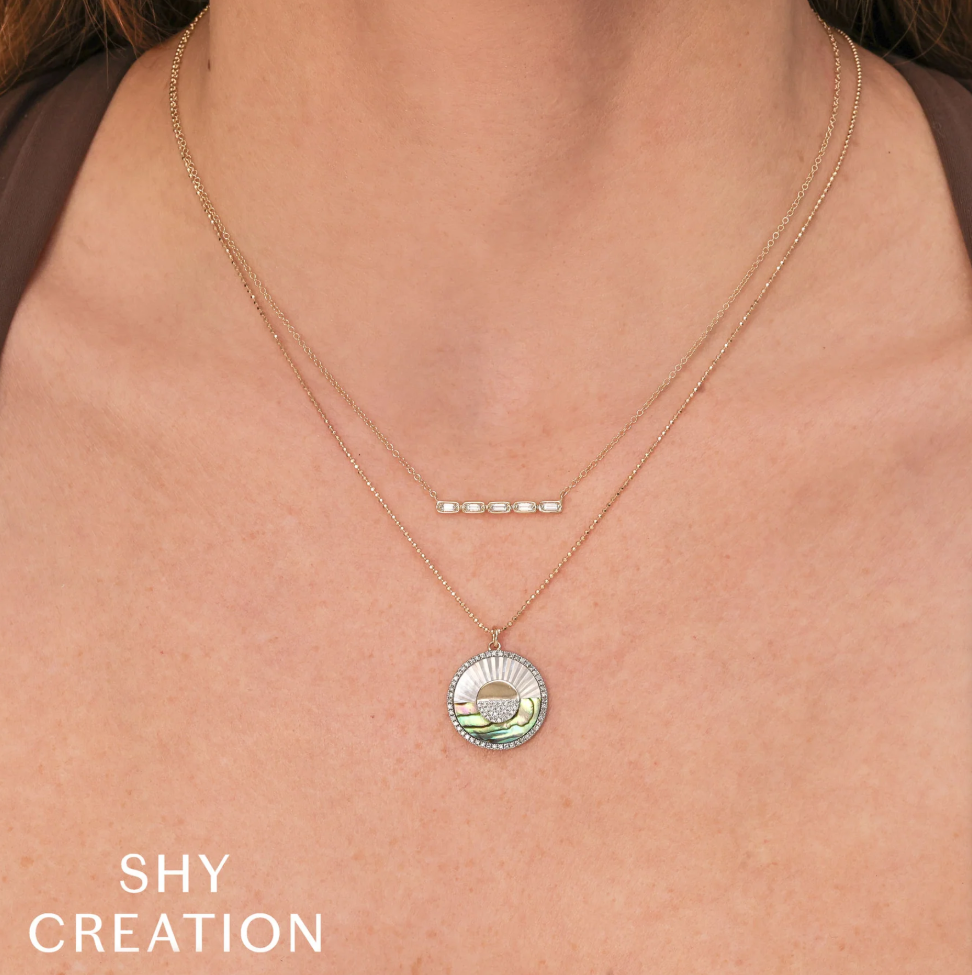 14K YG Diamond Pave Abalone Shell & Mother of Pearl Ribbed Sunrise Pendant Necklace by Shy Creation Secondary image