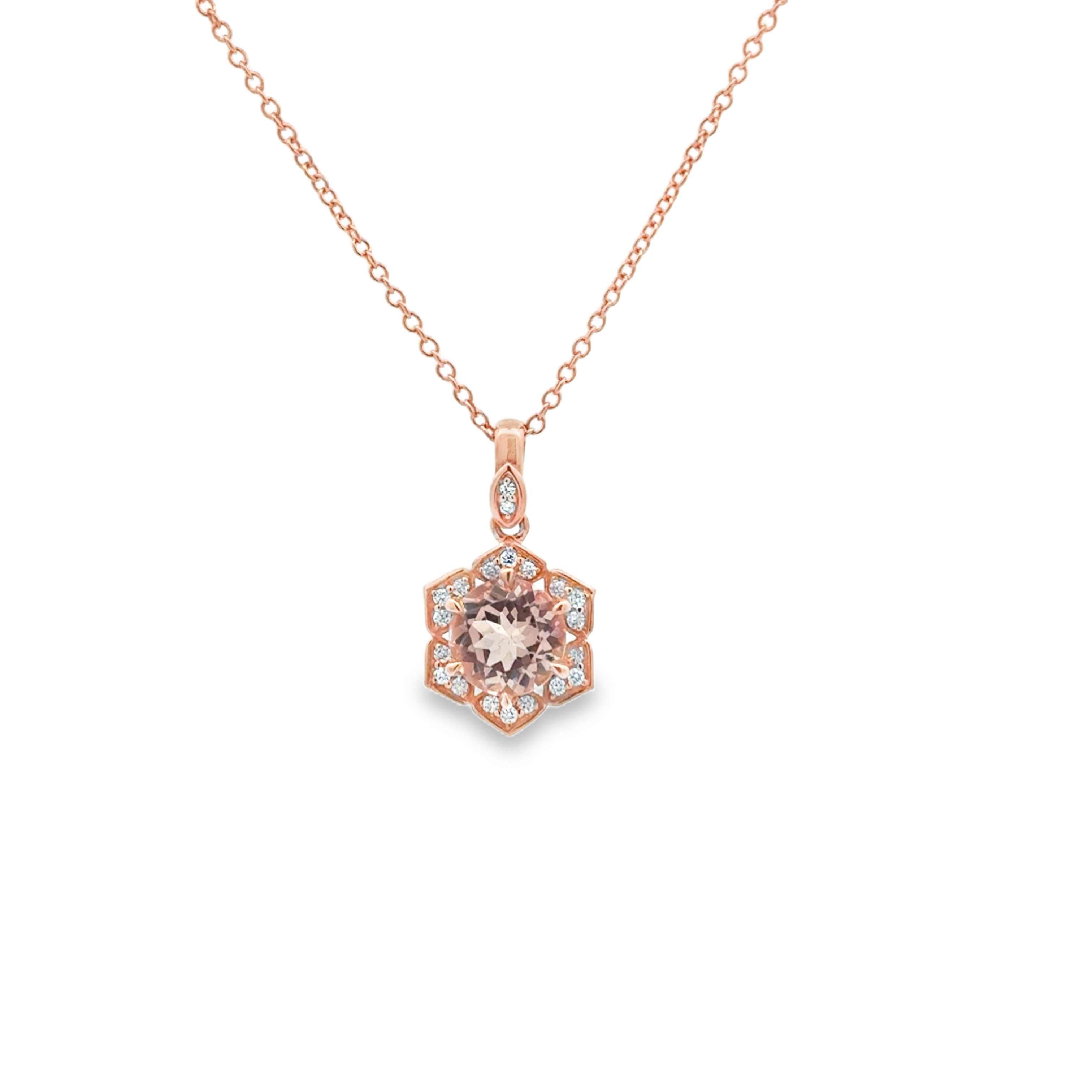 14K RG Morganite (7mm) and Diamond Floral Halo Pendant Necklace Main image