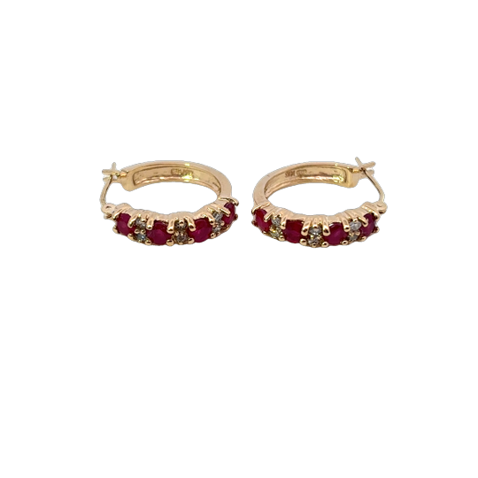 *Estate* 14K YG 1.20cttw Ruby .24cttw Dia Hoop Earrings
