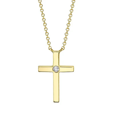 14K YG Diamond Polished Flat Cross Pendant Necklace