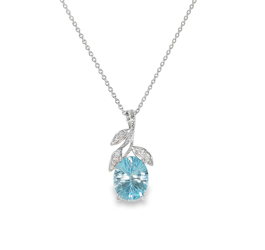 14K White Gold Oval Blue Topaz & Diamond Accent Pendant Necklace Main image