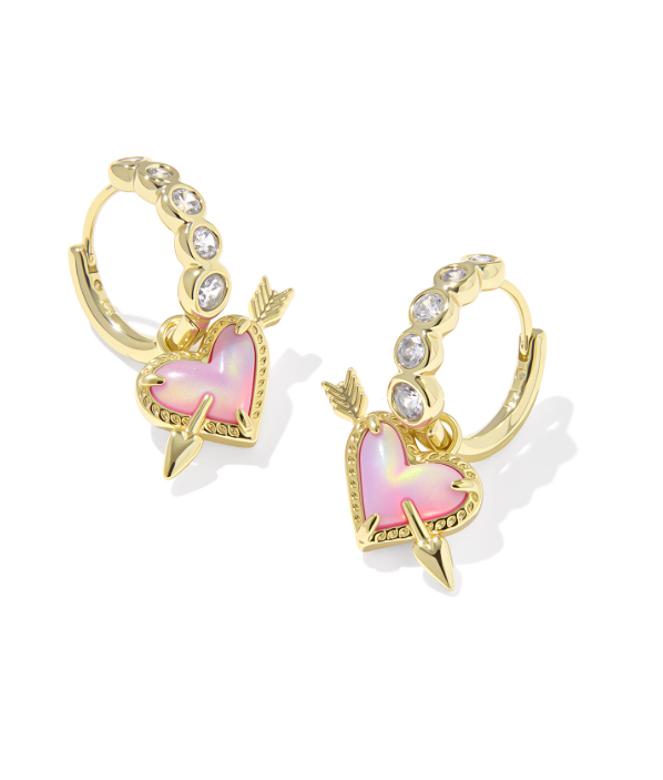 Gold Plated Ari Heart Arrow Huggies in Pink Opalescent Resin by Kendra Scott Main image