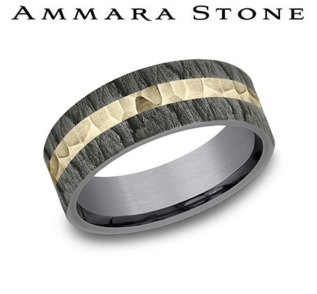 Tantalum & 14K Yellow Gold "The Rift" Lava Rock Edge & Hammered Center Wedding Band