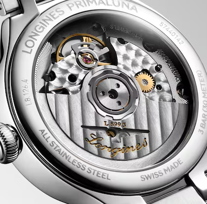 Longines PrimaLuna Moonphase 34mm Watch with Mother of Pearl Dial & Diamond Markers