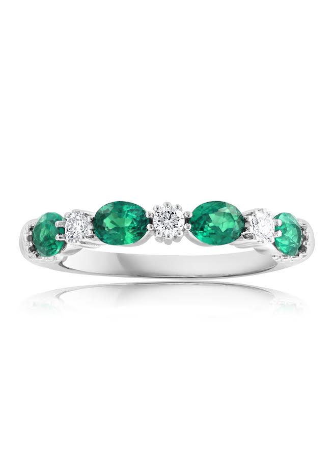 14K WG Oval Emerald & Round Diamond Alternating Band by David Kord Main image