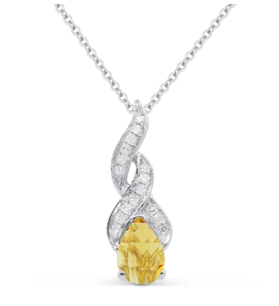 14K White Gold Pear Shape Citrine & Diamond Accent Pendant Necklae