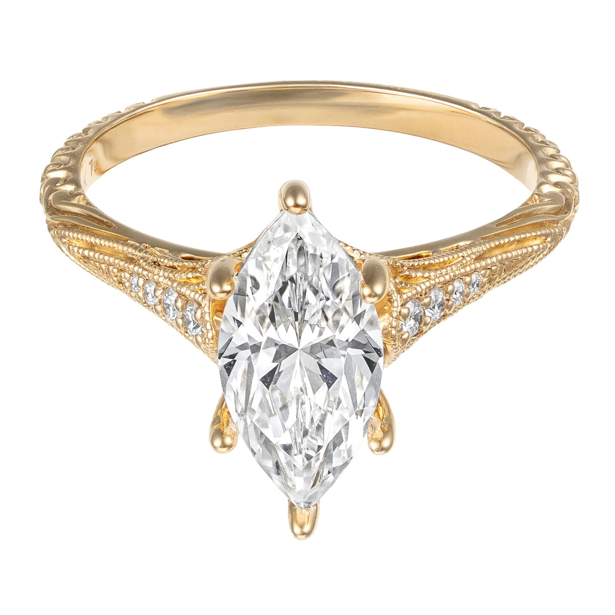 14K Yellow Gold Vintage Inspired Etched Diamond Marquise Semi-Mount