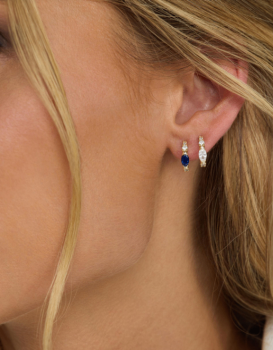 18K Gold Plated She's so Extra Huggies in Sapphire CZ by Melinda Maria