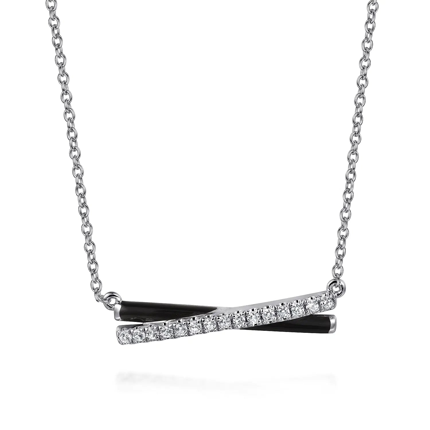 Sterling Silver White Sapphire Criss Cross Bar Necklace with Black Enamel by Gabriel NY Main image