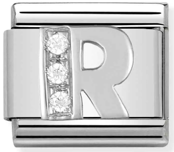 Stainless Steel & Sterling Silver Letter R Initial Charm with CZ