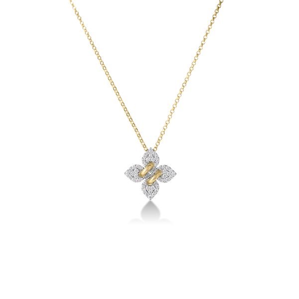 18K YELLOW/WHITE GOLD LOVE IN VERONA SMALL PAVE DIAMOND FLOWER NECKLACE BY ROBERTO COIN Main image