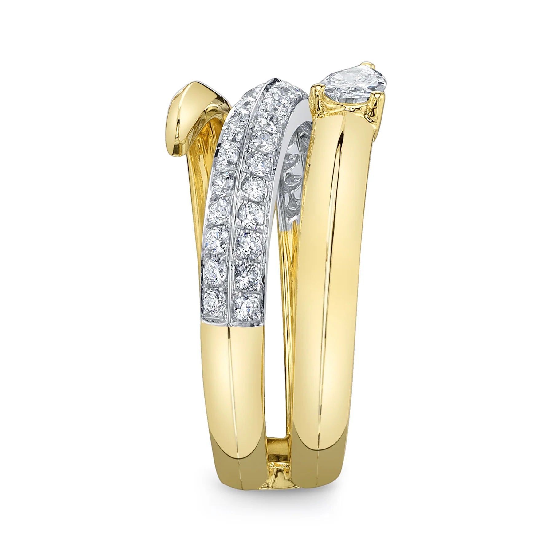 14K W/YG Pave Diamond & Polished Gold Wrap Ring with Diamond Pear Accent
