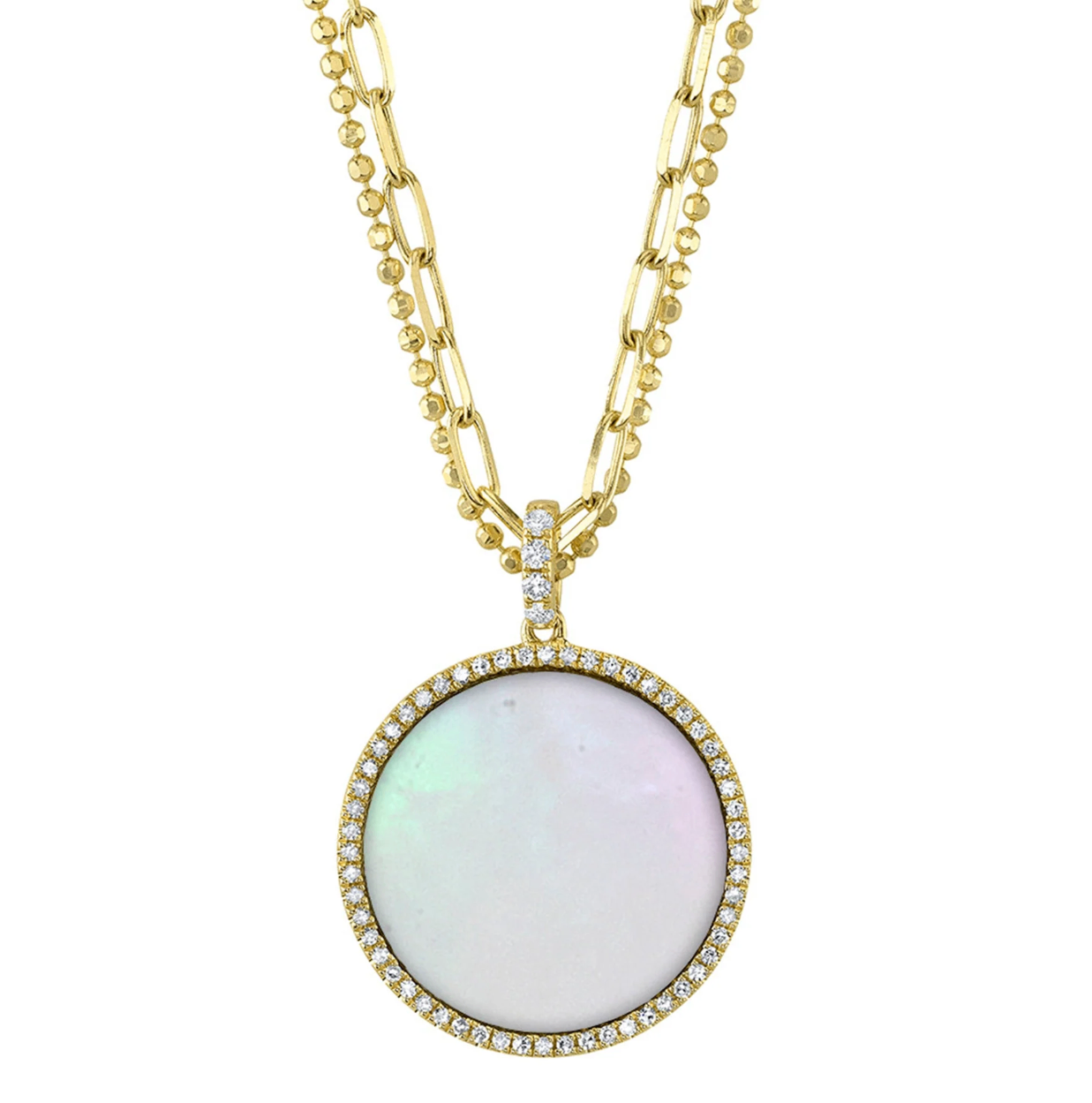 14K YG Mother of Pearl & Diamond Halo Layered Pendant Necklace by Shy Creation