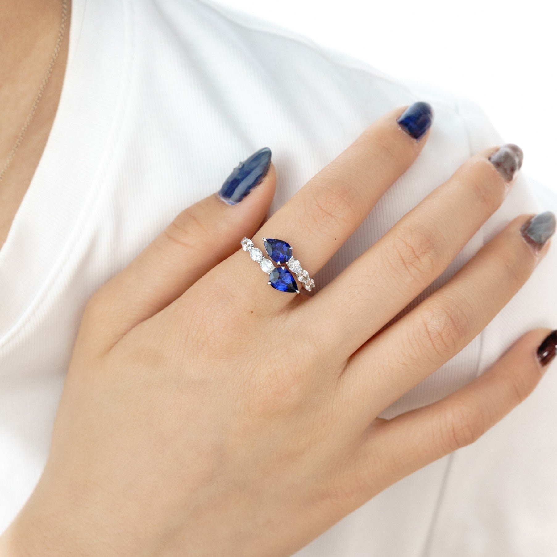 14K WG Pear Shape Sapphire & Oval Diamond Bypass Ring Secondary image