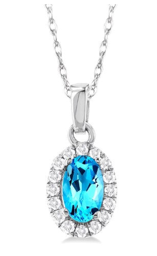 10K WG 5x3 Oval Blue Topaz & .07cttw Dia Halo Pendant Main image