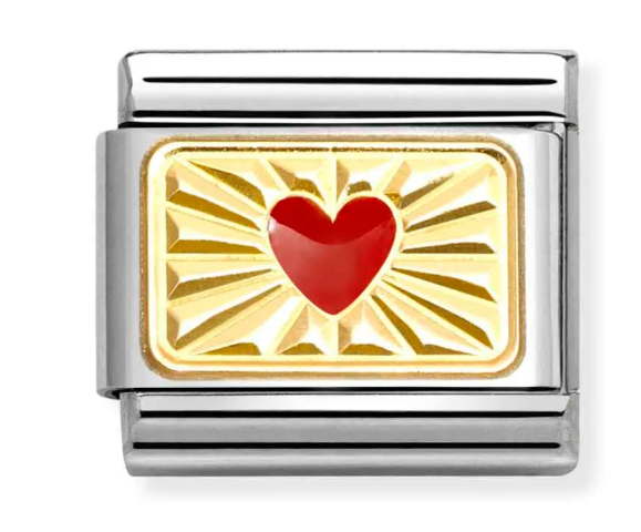 Stainless Steel & 18K Yellow Gold Red Enamel Heart Charm with Etched Detail Main image