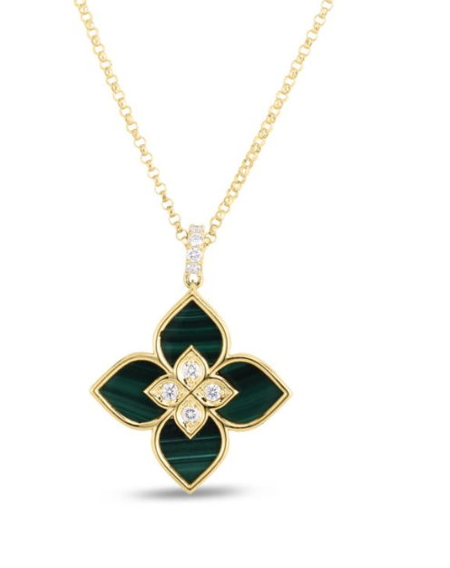 18K YG VENETIAN PRINCESS .09cttw DIA & 4.35ct MALACHITE SMALL FLOWER NECKLACE Main image