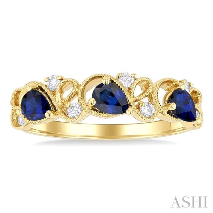 14K YG Pear Shape Blue Sapphire & Diamond Lattice Wedding Band