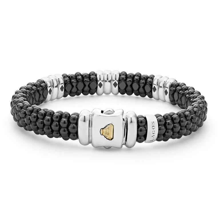 SS/18k Black Caviar Black Ceramic 3 Stations with Single Diamond Row 9mm Bracelet by LAGOS