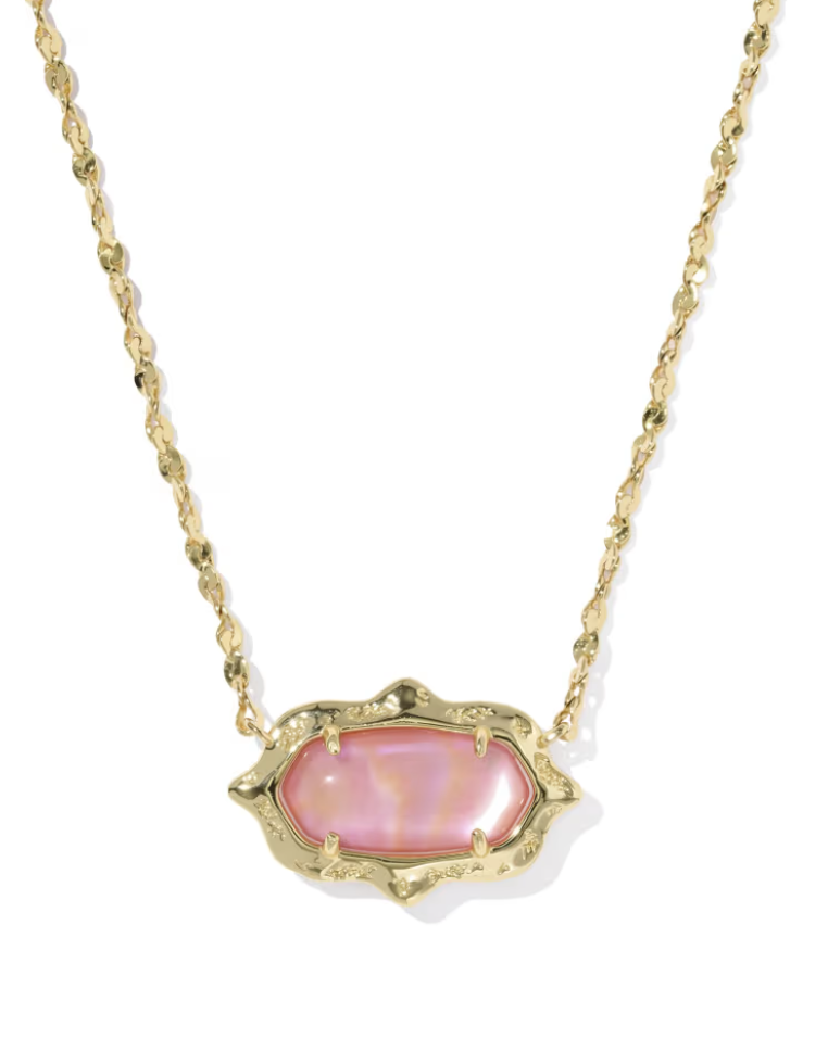Gold Plated Elisa Scallop Frame Short Pendant Necklace in Light Pink Iridescent Abalone by Kendra Scott