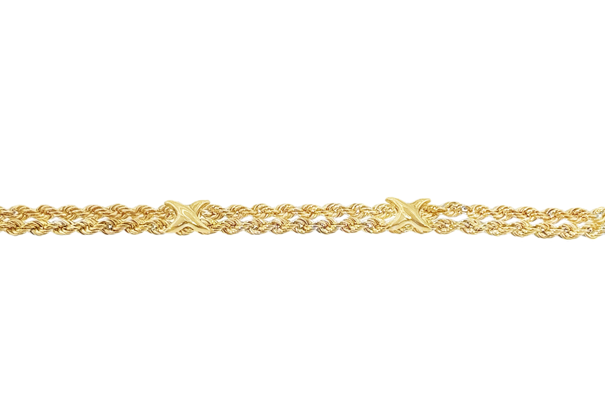 14K Yellow Gold Rope Bracelet with X Stations