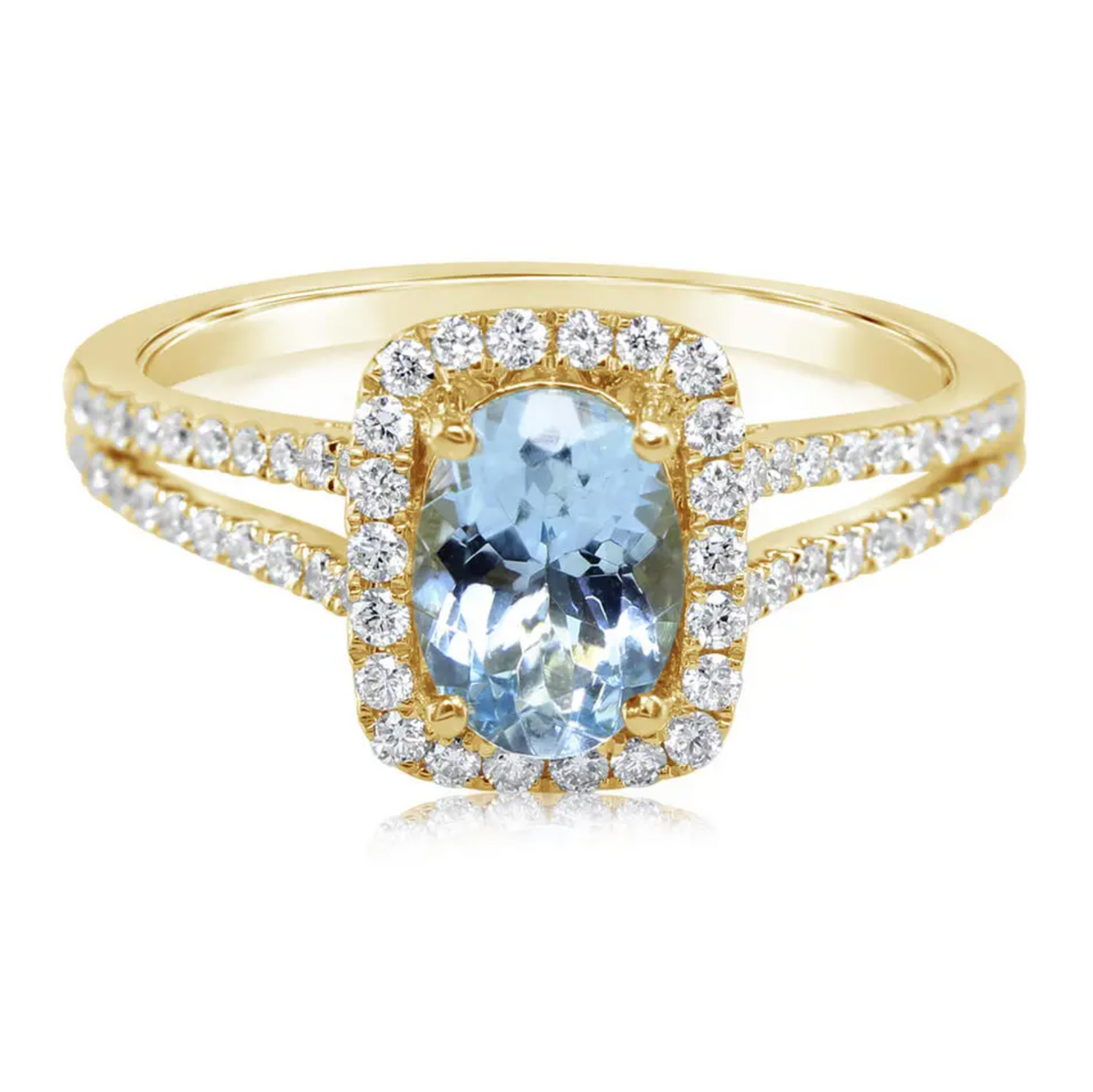 14K Yellow Gold Aquamarine & Diamond Halo Split Shank Ring Main image