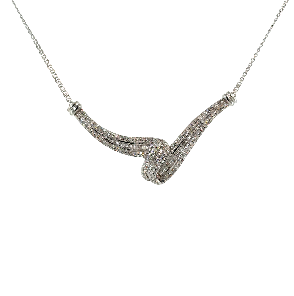 10K White Gold Diamond Baguette Chevron Twist Bar Necklace Main image
