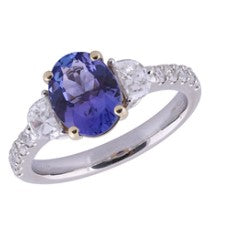 14K YG/PT Oval Tanzanite & Diamond Half Moon Three Stone Ring