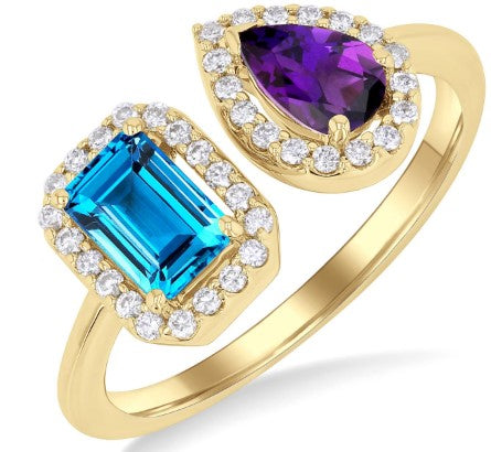14K YG Topaz & Amethyst Diamond Halo Toi Et Moi Ring Main image